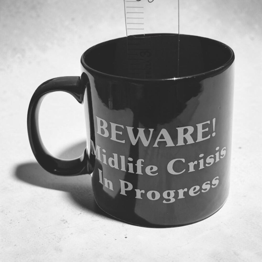 Vintage Coffee Mug by Russ Beware! Midlife Crisis In Progress Black/White Cup